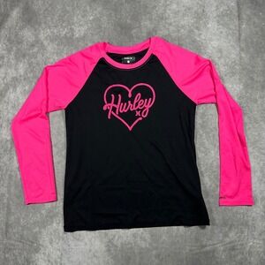 Hurley Girls Rash Guard Long Sleeve UPF 50 Swim Shirt Pink Black Heart L 14/16